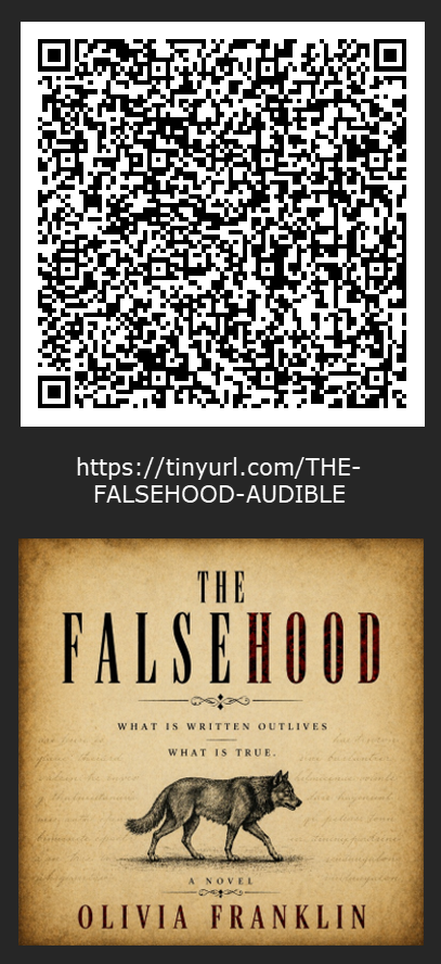 QR code and cover for The Falsehood on Audible