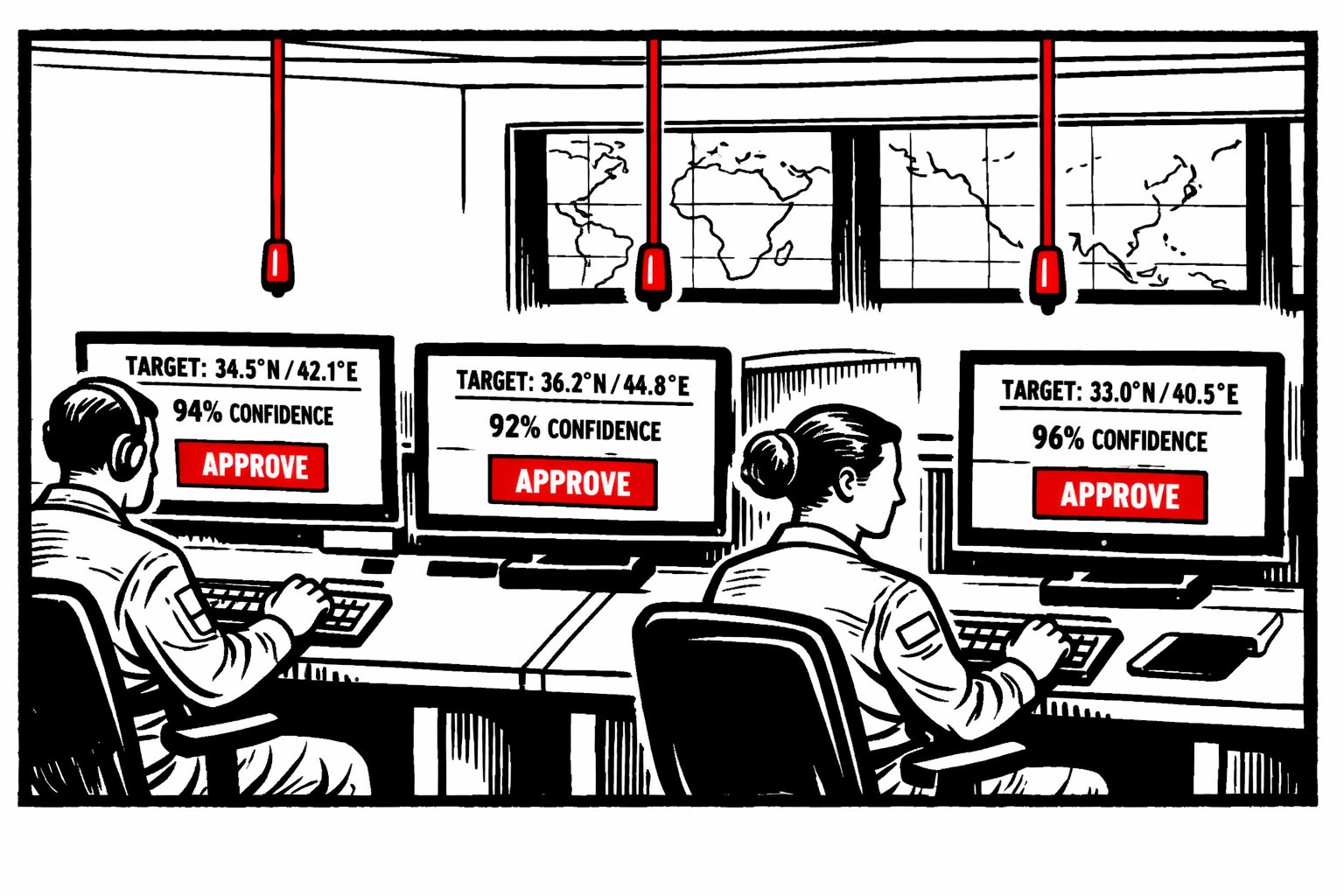 Editorial cartoon: two uniformed operators sit at workstations in a calm operations room. Red andon cords hang above each station, unused. Screens show targeting coordinates, confidence scores, and large red APPROVE buttons. The operators hands are on keyboards. It is a routine working day.