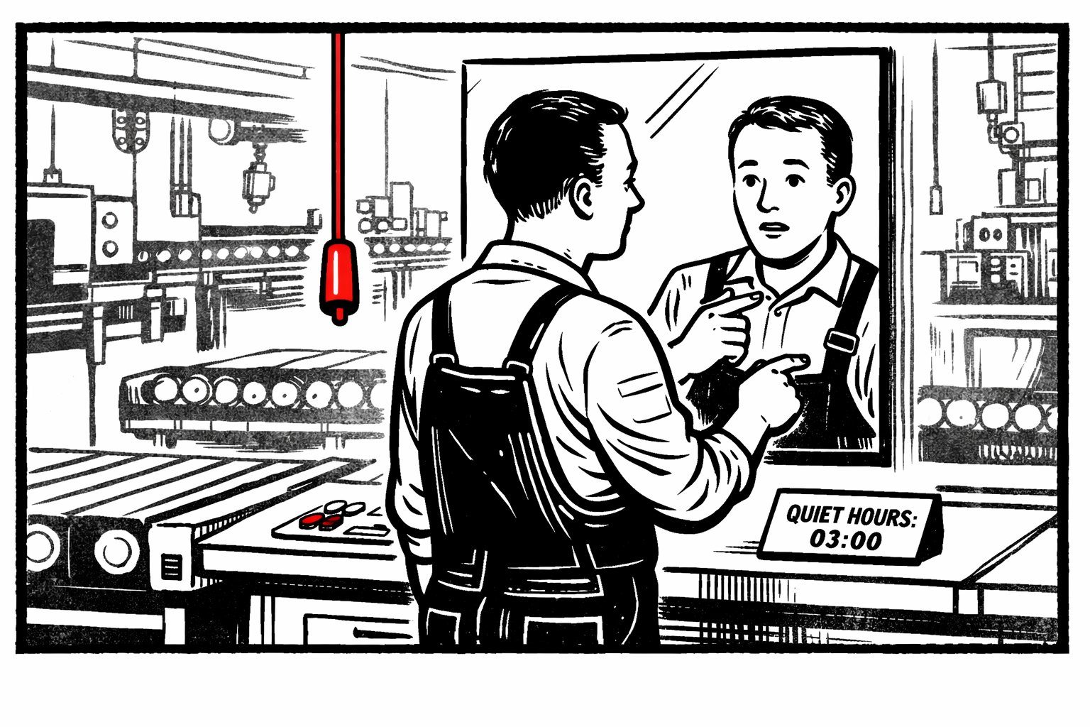 Editorial cartoon: a factory worker in overalls faces a mirror. His reflection points back at him. A red andon cord hangs within arm's reach, unused. A label on the workstation reads QUIET HOURS 03:00.