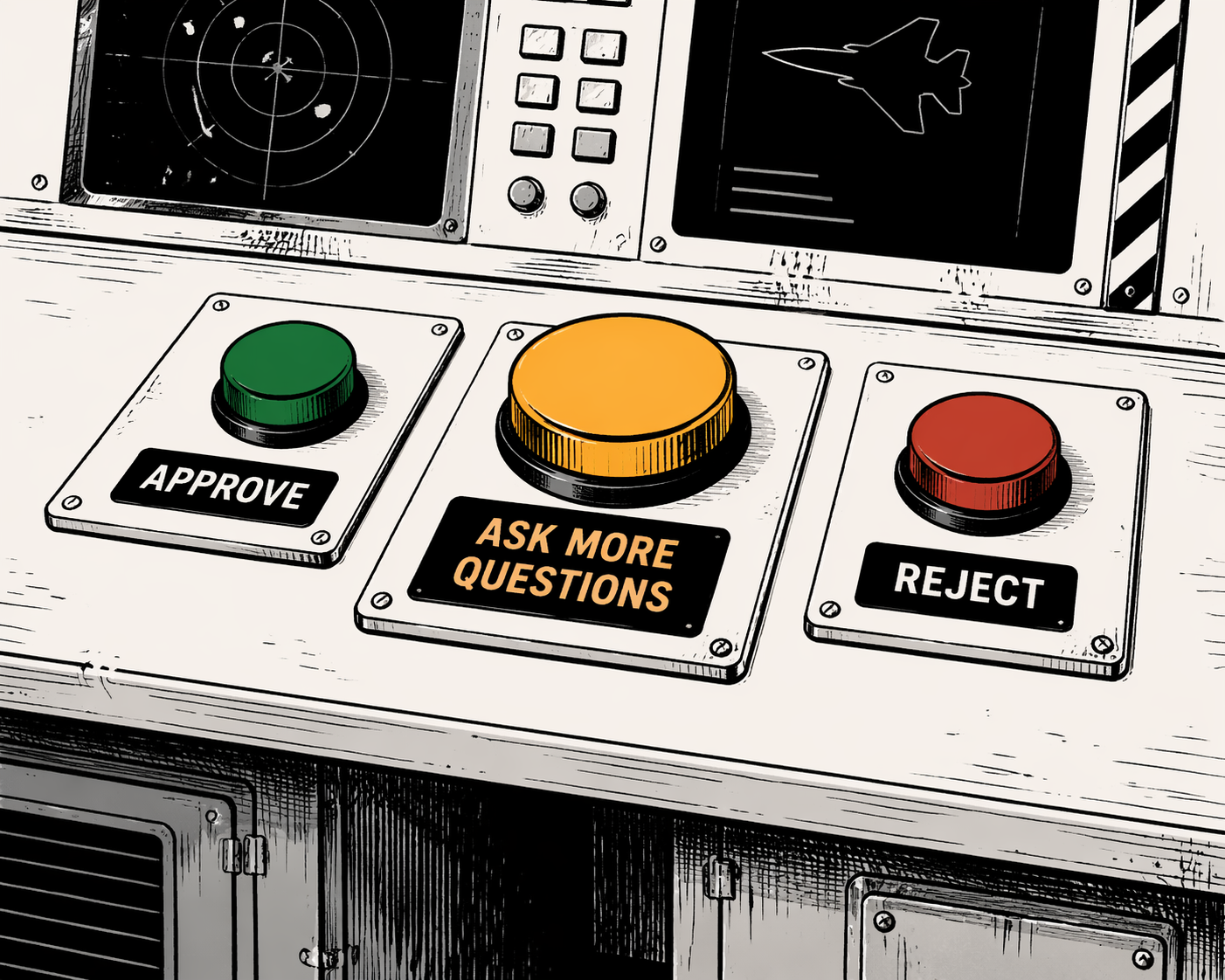 Editorial cartoon: an industrial control console with three large physical buttons. Left button green labelled APPROVE. Right button red labelled REJECT. Centre button amber and slightly larger labelled ASK MORE QUESTIONS.