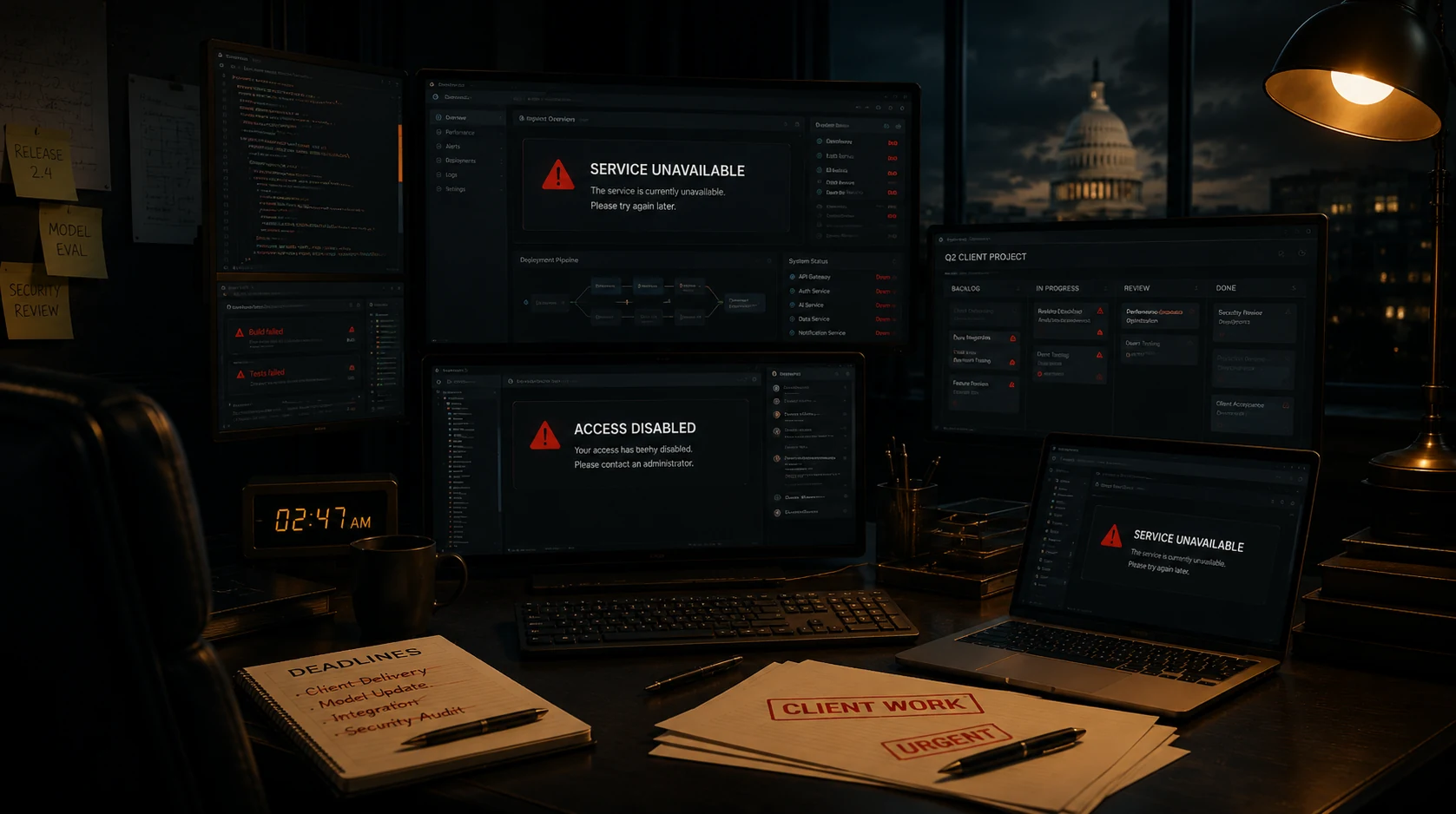 Illustration: a developer workstation showing access disabled and service unavailable messages