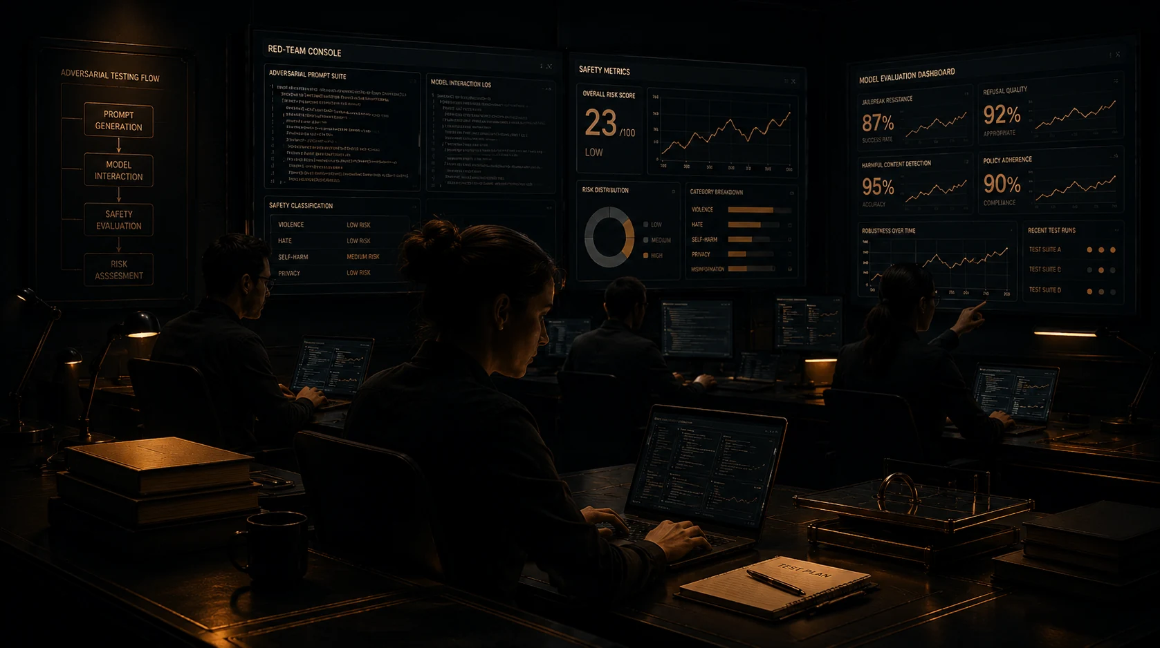 Illustration: specialists conducting structured adversarial testing and safety evaluation in a secure lab