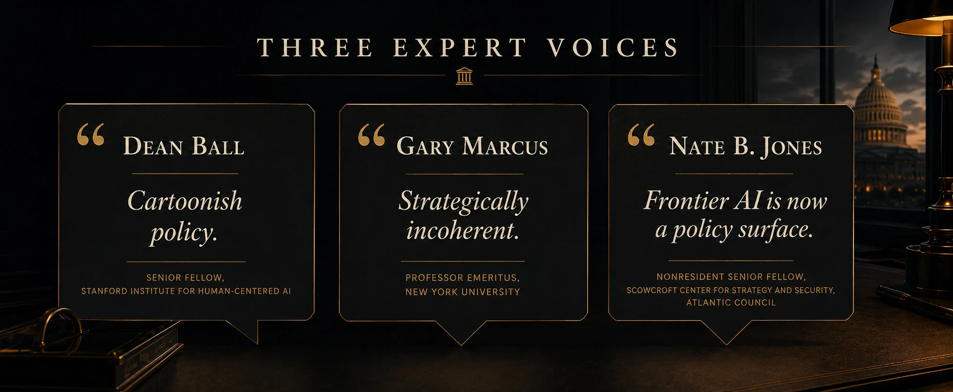 Graphic presenting commentary from Dean Ball, Gary Marcus and Nate B. Jones