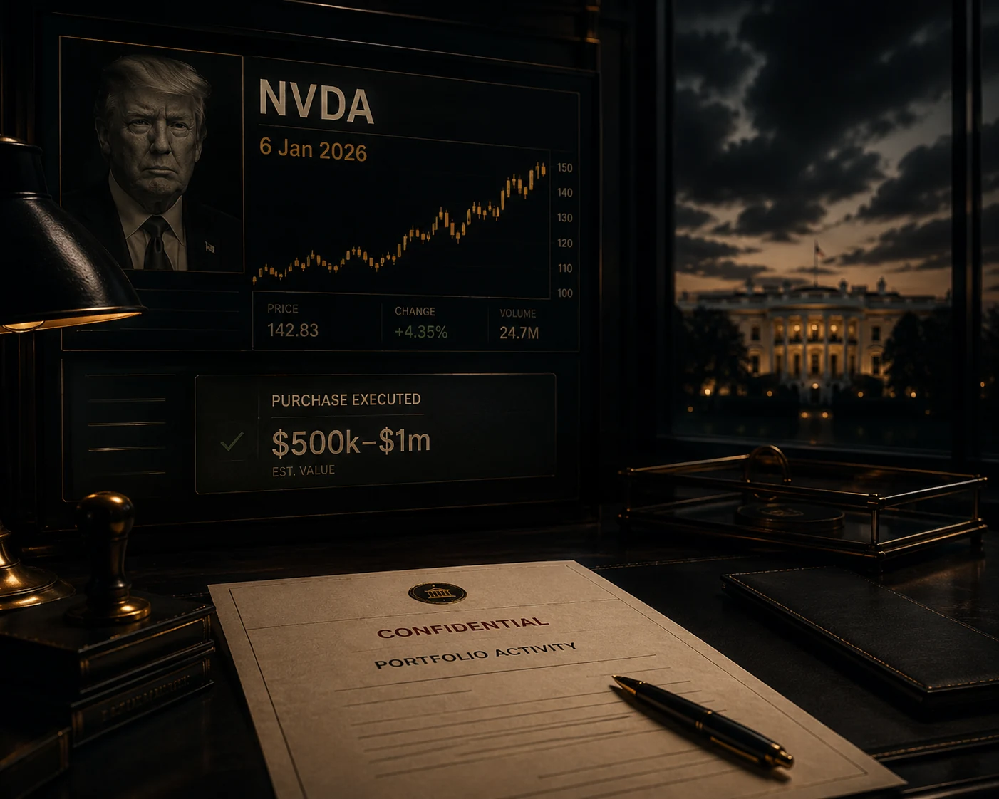 Illustration: an Nvidia trading dashboard marking a reported purchase on 6 January 2026