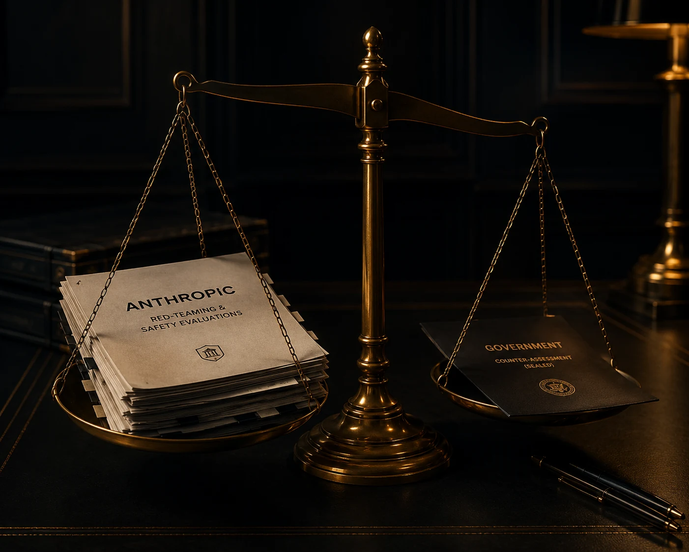 Illustration: scales comparing a documented safety evaluation with a sealed government counter-assessment