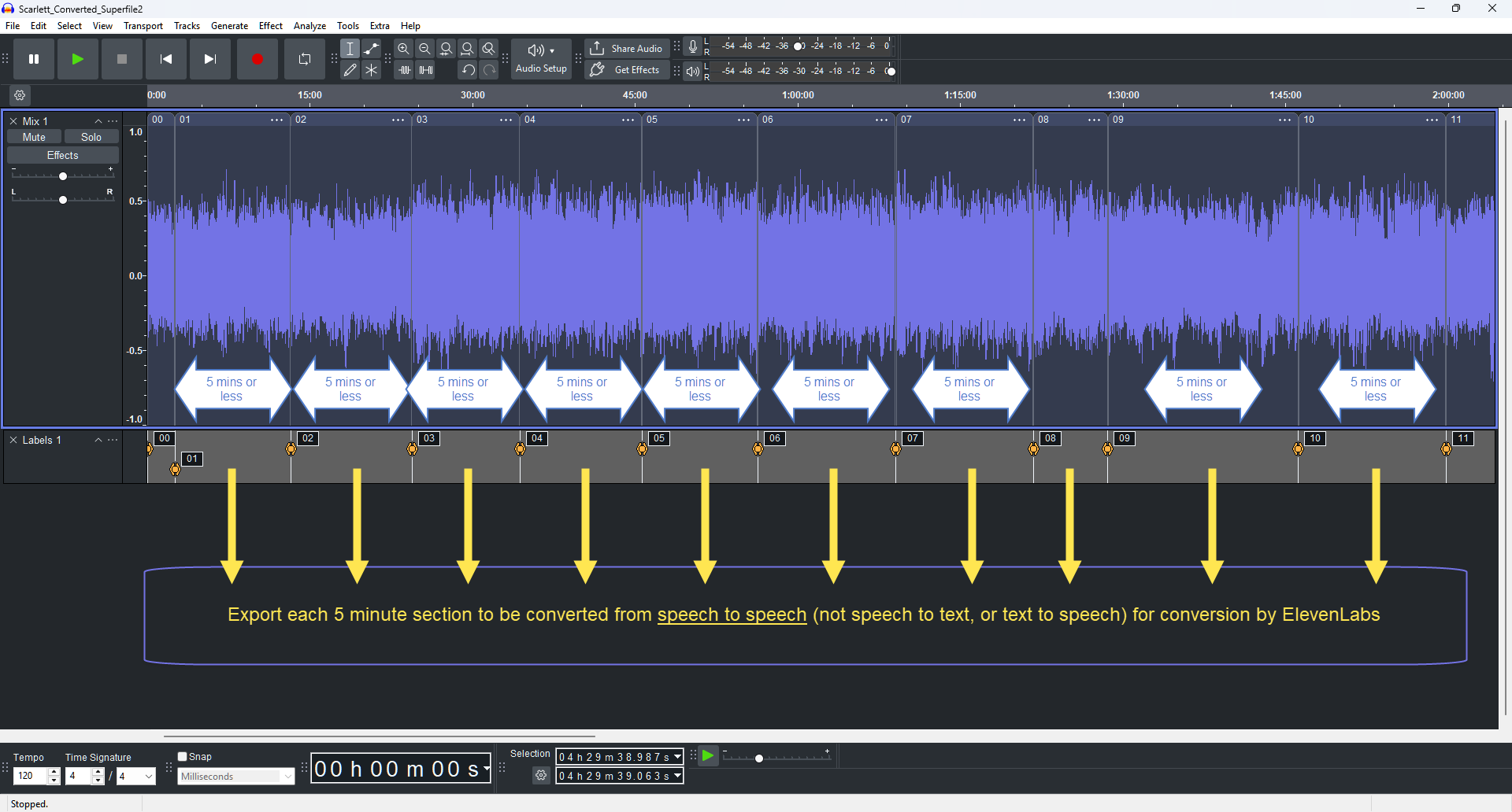 Audacity showing the audiobook segmentation pipeline